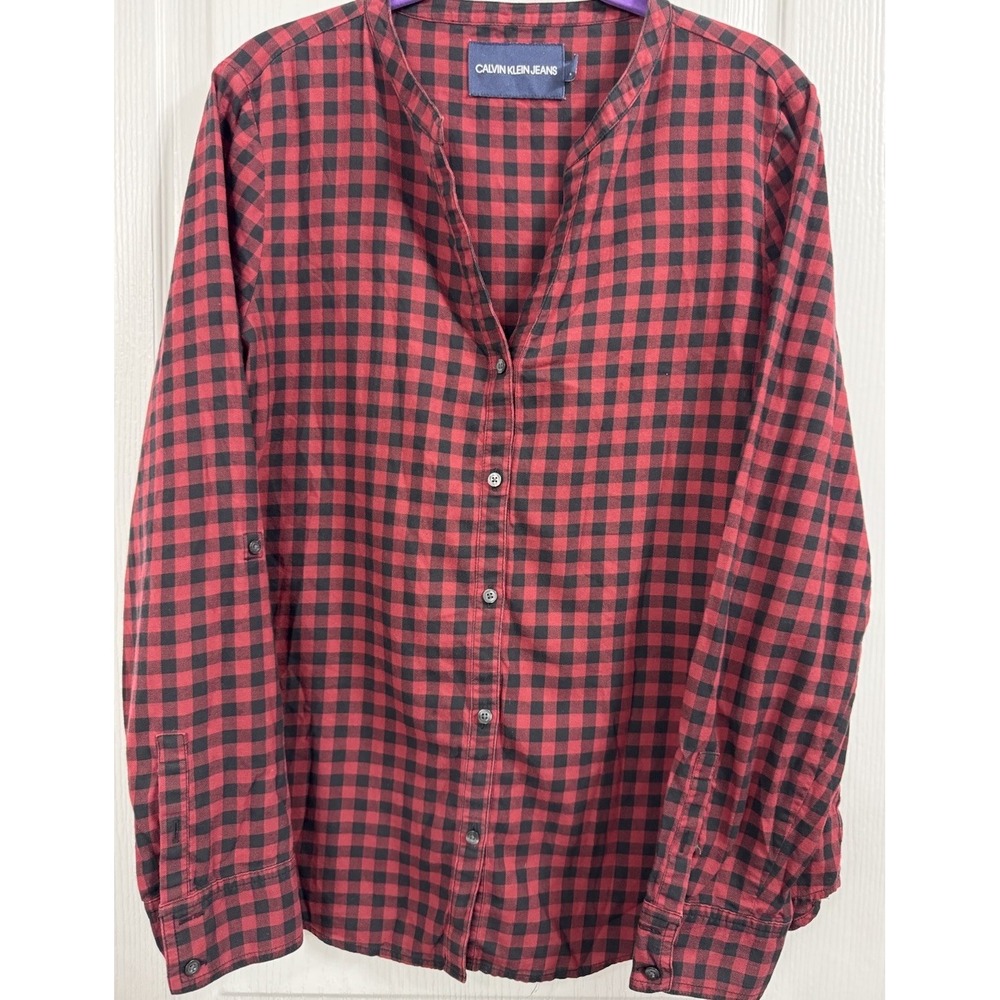 Calvin Klein Jeans Womens Gingham Button‎ Up Flannel Shirt Large Red Long Sleeve